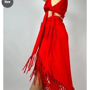 Red Fringe Asymmetrical Skirt